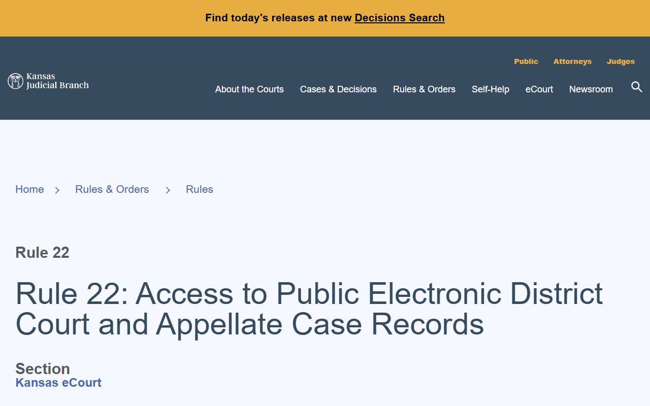 Rawlins County court records Kansas Rule 22 electronic access page